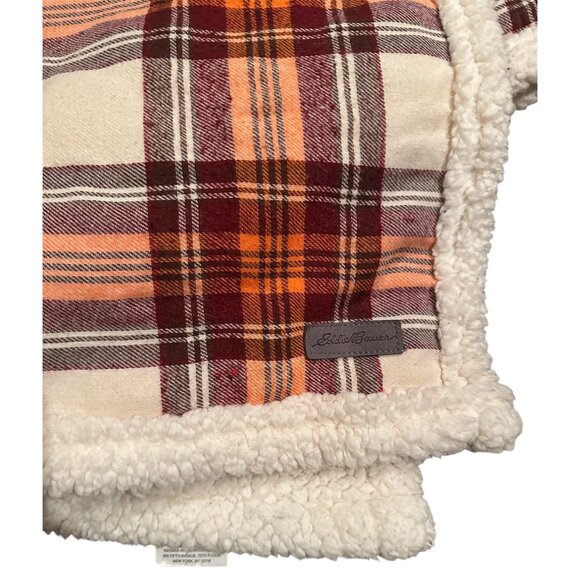 Eddie Bauer Plaid Sherpa Throw Blanket 50" X 60" Tan & Orange Cozy Reversible So - Picture 2 of 14